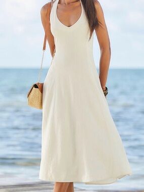 NWT Linen Halter V-Neck Midi Dress in Cream. Size 4